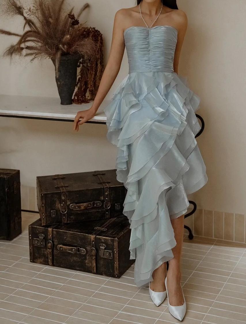 Glitter Ice Blue Halter Neck Chiffon Short Party Dress Gorgeous Layered Chiffon Homecoming Dress ED02159