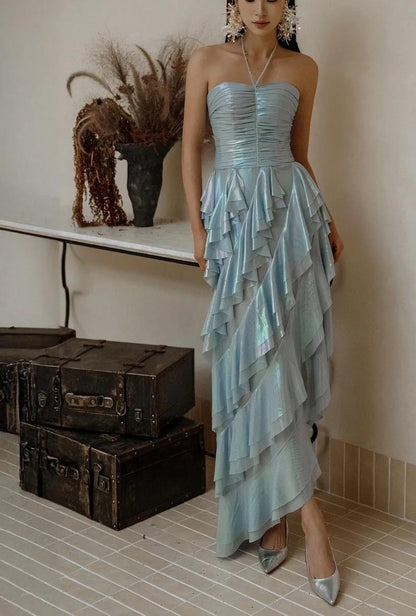 Ice Blue Halter Neck Chiffon Short Party Dress Gorgeous Layered Chiffon Homecoming Dress HZ1024