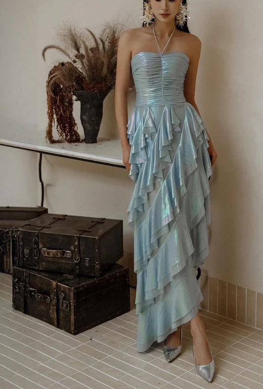 Glitter Ice Blue Halter Neck Chiffon Short Party Dress Gorgeous Layered Chiffon Homecoming Dress ED02159
