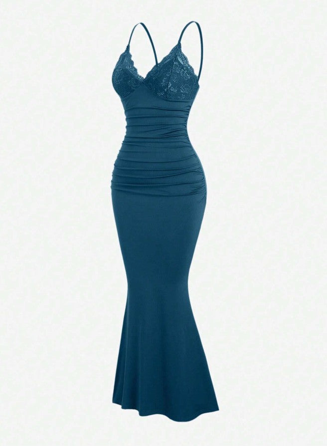 Teal Spaghetti Straps Mermaid Evening Dress Satin Lace Short Party Dress HZ1024