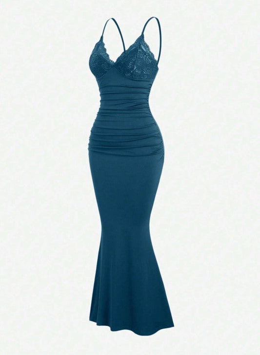 Teal Spaghetti Straps Mermaid Evening Dress Satin Lace Short Party Dress HZ1024