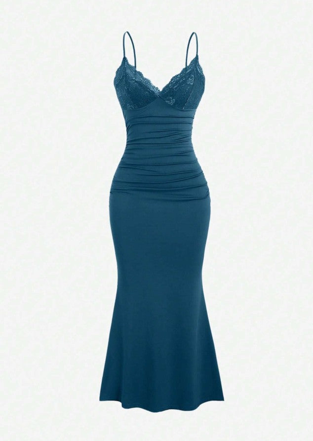 Teal Spaghetti Straps Mermaid Evening Dress Satin Lace Short Party Dress HZ1024