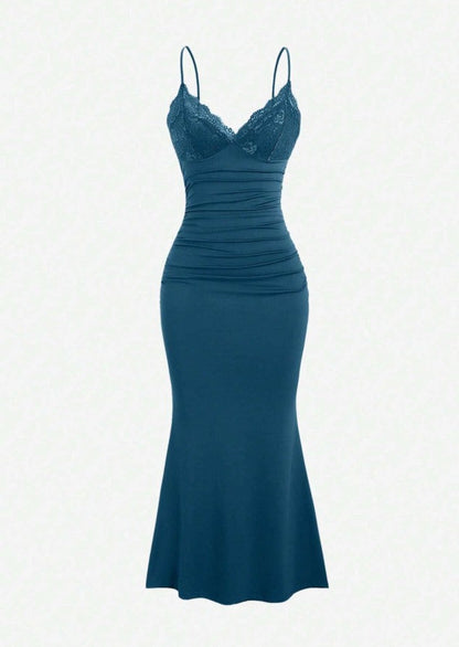 Teal Spaghetti Straps Mermaid Evening Dress Satin Lace Short Party Dress HZ1024