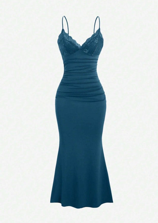 Teal Spaghetti Straps Mermaid Evening Dress Satin Lace Short Party Dress HZ1024