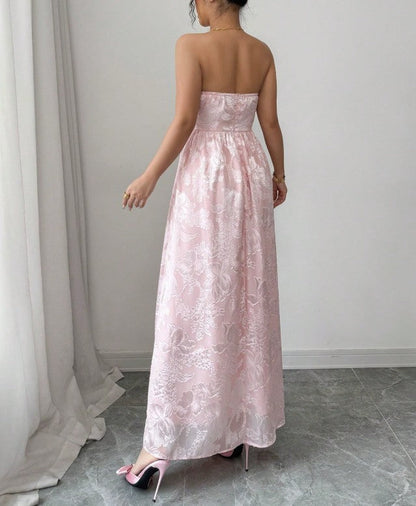 Pink Strapless Jacquard Bridesmaid Dress A-Line Backless Evening Dress HZ1024