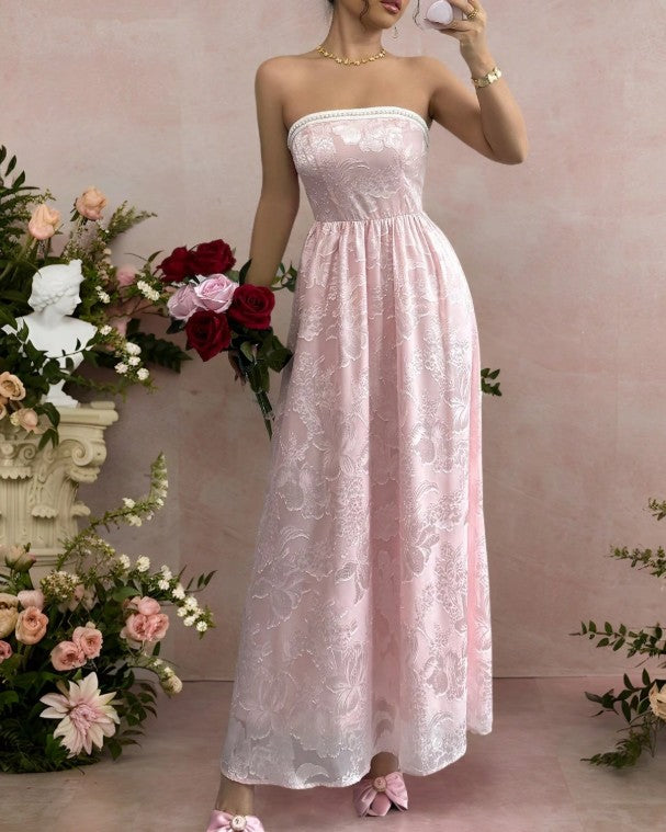 Pink Strapless Jacquard Bridesmaid Dress A-Line Backless Evening Dress HZ1024