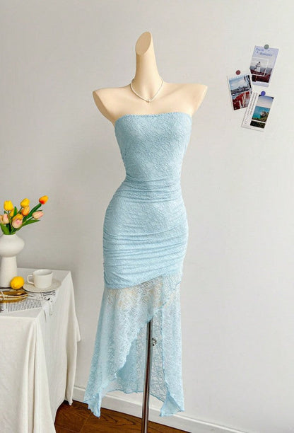 Royal Blue Lace Bodycon Short Party Dress Strapless Backless Evening Dress HZ1024