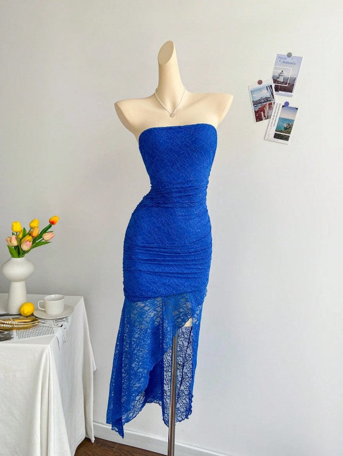 Royal Blue Lace Bodycon Short Party Dress Strapless Backless Evening Dress HZ1024