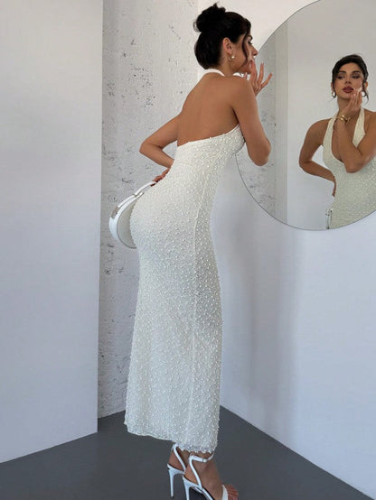 Off-White Lace Halter Bodycon Evening Dress Backless Fashion Party Dress HZ1024