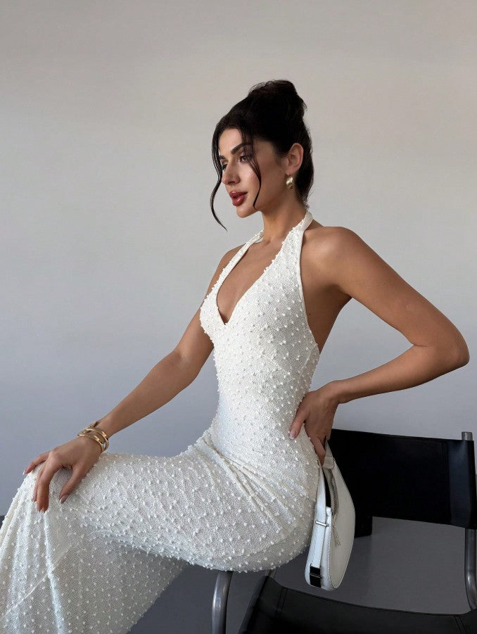 Off-White Lace Halter Bodycon Evening Dress Backless Fashion Party Dress HZ1024