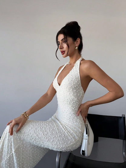 Sexy Off-White Lace Halter Bodycon Evening Dress Backless Fashion Party Dress ED02176