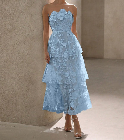 Blue Strapless Tulle Embroidered Applique A-Line Vintage Wedding Guest Dress Elegant Bridesmaid Dress ED02182