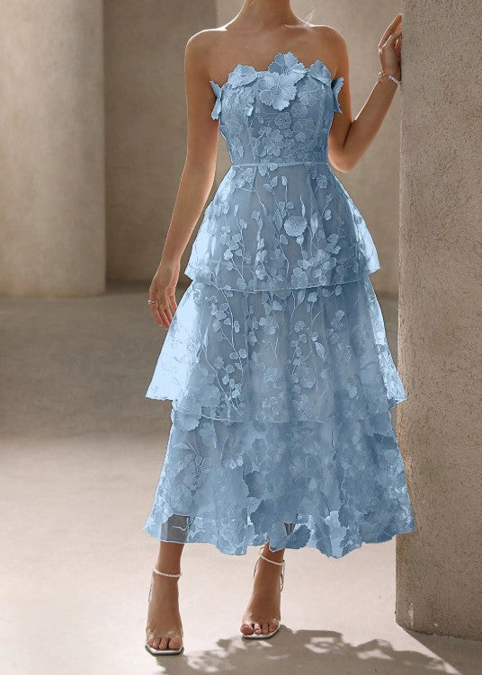 Blue Strapless Tulle Embroidered Applique A-Line Vintage Wedding Guest Dress Elegant Bridesmaid Dress ED02182