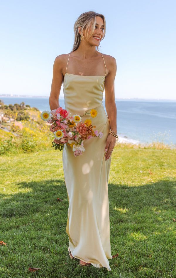 Butter Yellow Spaghetti Strap Fashion Dress Backless Satin Evening Dress for Bridesmaids ED02185