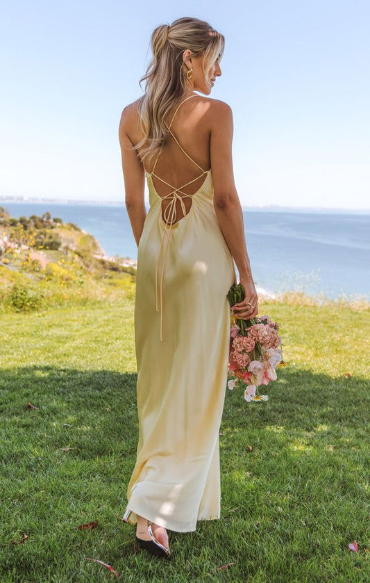 Butter Yellow Spaghetti Strap Fashion Dress Backless Satin Evening Dress for Bridesmaids ED02185