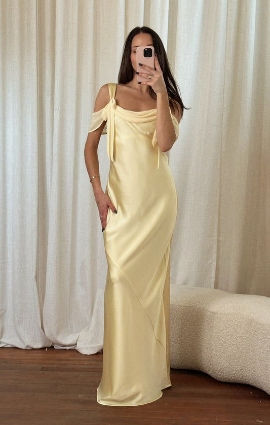 Elegant Off-the-shoulder Satin Sheath Formal Dresses Butter Yellow Evening Gowns ED02186