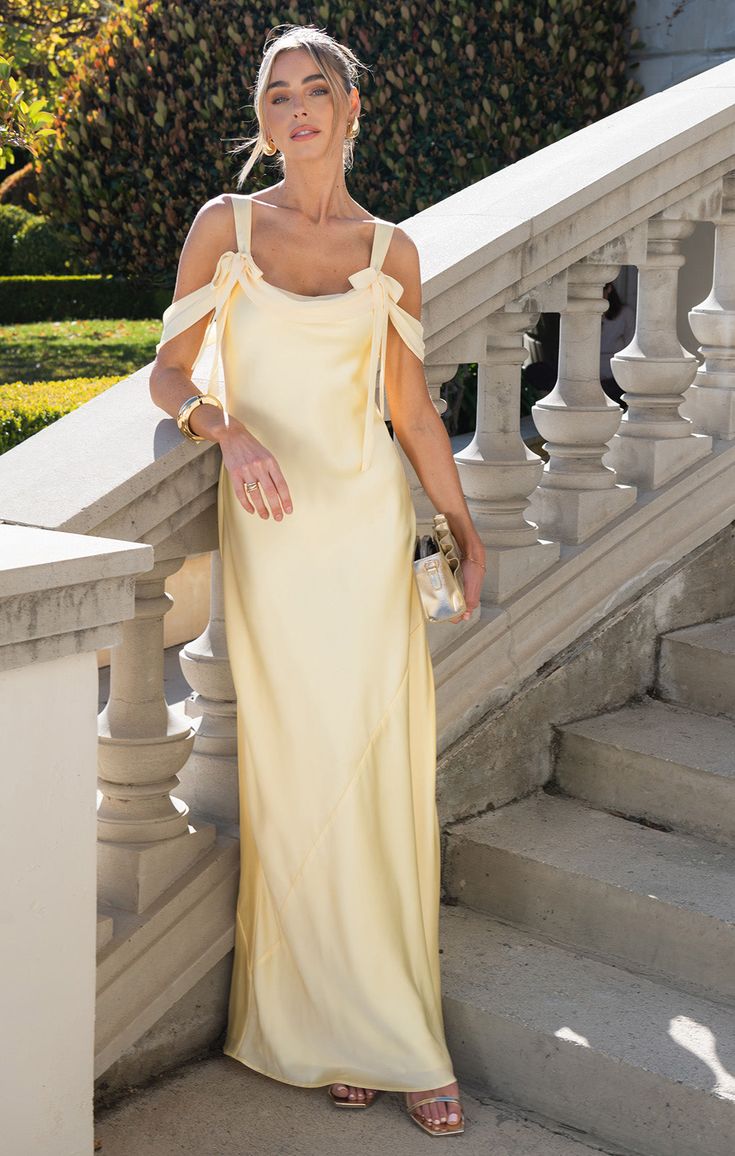 Elegant Off-the-shoulder Satin Sheath Formal Dresses Butter Yellow Evening Gowns ED02186