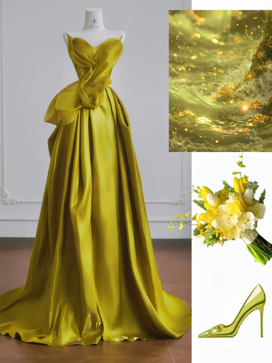 Chic Yellow Satin Sweetheart Neck A-Line Sweet 16 Dress Gorgeous Formal Evening Gowns ED02189