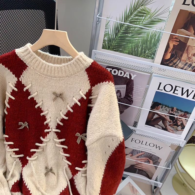 diamond contrast long sleeve sweater HZ1024