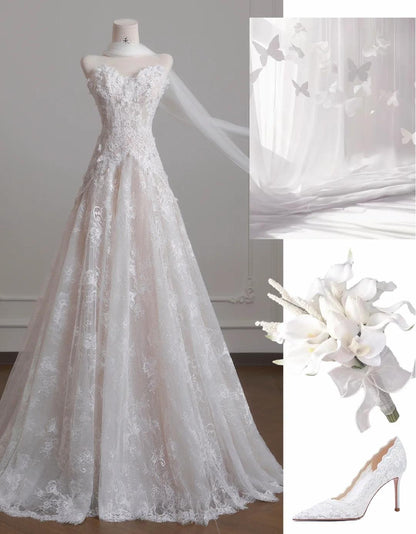 White Strapless Tulle Lace Vintage Wedding Dress Gorgeous A-Line Long Prom Dresses ED02191
