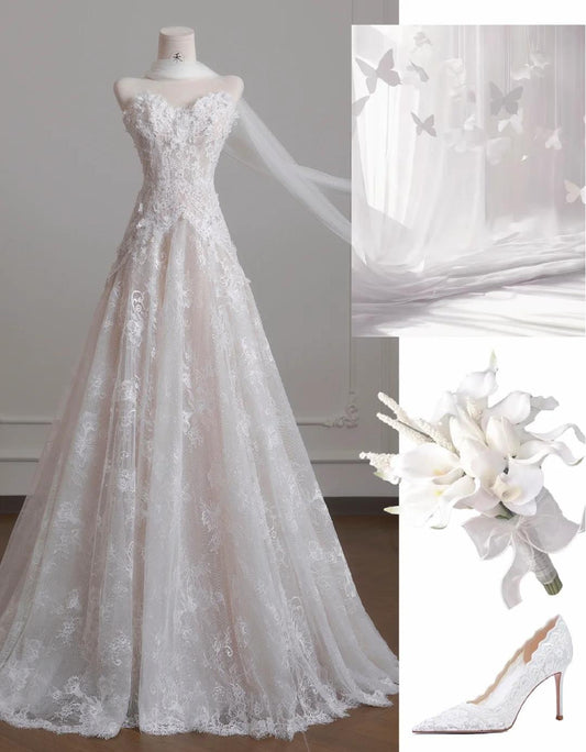 White Strapless Tulle Lace Vintage Wedding Dress Gorgeous A-Line Long Prom Dresses ED02191
