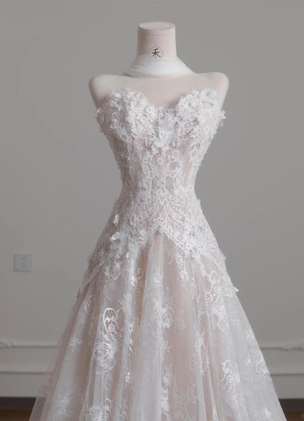 Strapless Tulle Lace Vintage Wedding Dress Gorgeous A-Line Long Prom Dresses HZ1024