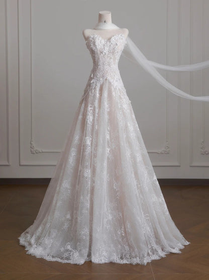 White Strapless Tulle Lace Vintage Wedding Dress Gorgeous A-Line Long Prom Dresses ED02191