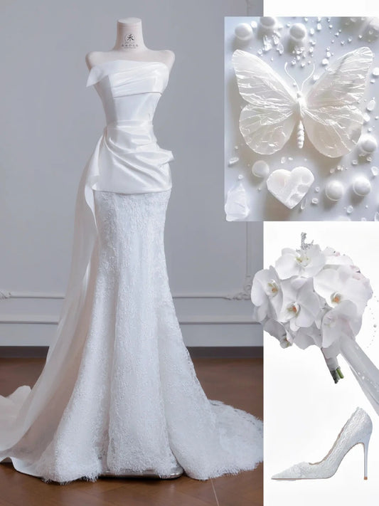 White Strapless Satin Lace Mermaid Train Wedding Dress,Elegant Long Prom Dresses ED02192