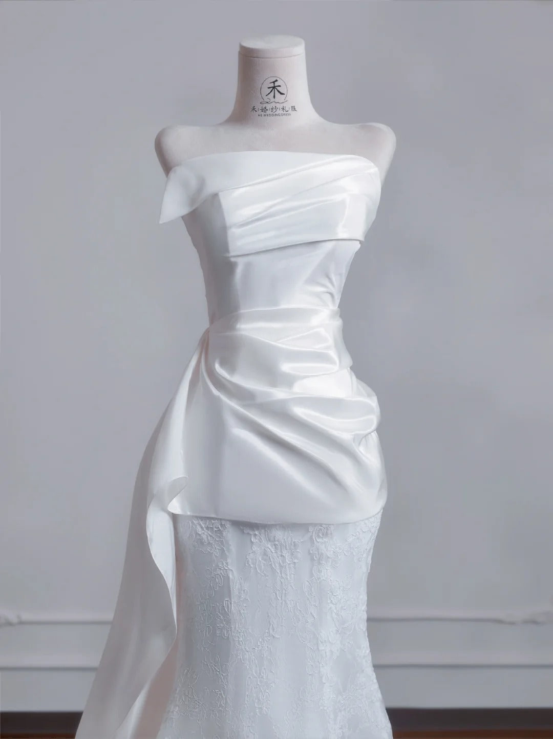 Strapless Satin Lace Mermaid Train Wedding Dress,Elegant Long Prom Dresses HZ1024