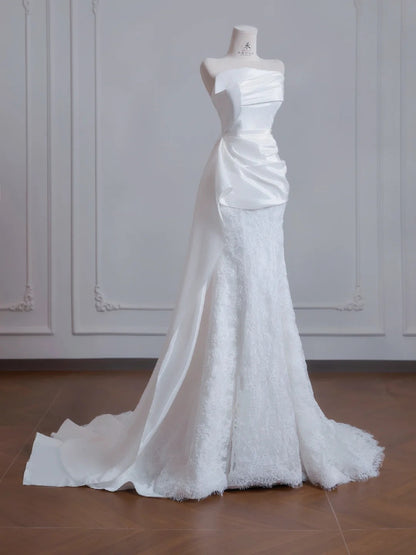 White Strapless Satin Lace Mermaid Train Wedding Dress,Elegant Long Prom Dresses ED02192