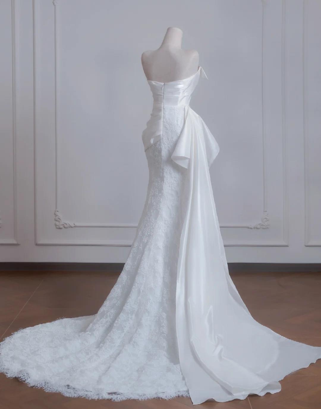 Strapless Satin Lace Mermaid Train Wedding Dress,Elegant Long Prom Dresses HZ1024