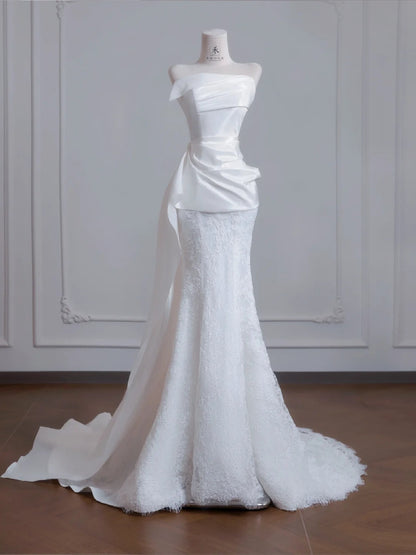 White Strapless Satin Lace Mermaid Train Wedding Dress,Elegant Long Prom Dresses ED02192