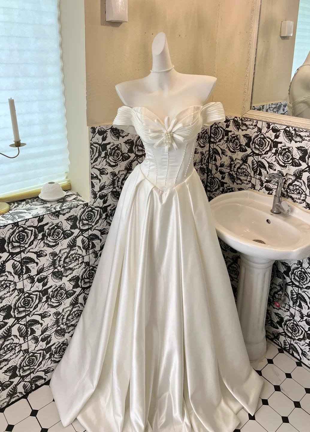White Off Shoulder A-Line Satin Vintage Wedding Dress, Sweet Long Prom Dresses HZ1024