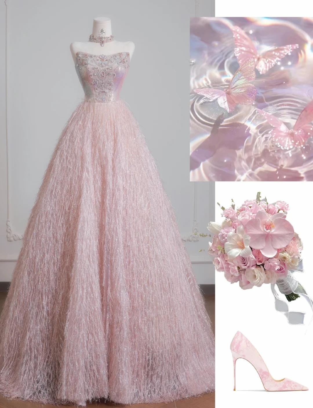 Pink Strapless Beaded Tulle Wedding Dress, A-Line Long Prom Dresses HZ1024