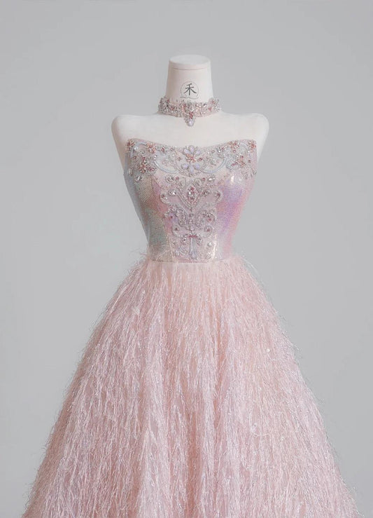 Sweet Pink Strapless Beaded Tulle Wedding Dress, A-Line Long Prom Dresses ED02197