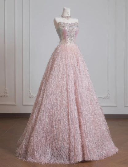 Pink Strapless Beaded Tulle Wedding Dress, A-Line Long Prom Dresses HZ1024