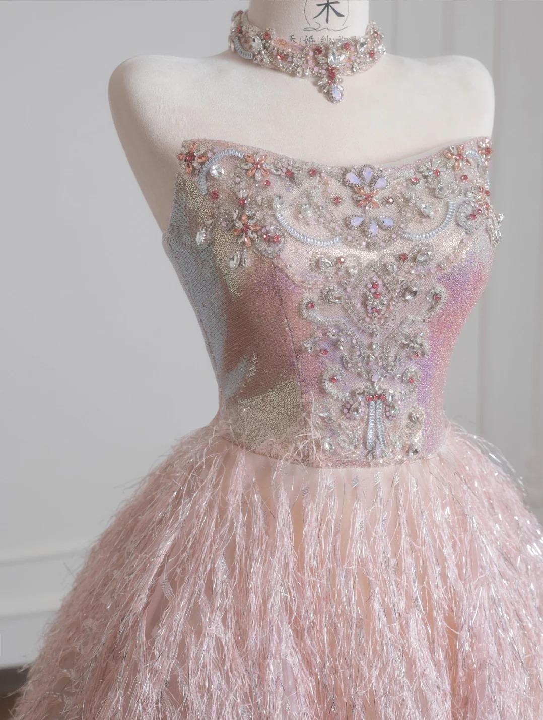 Pink Strapless Beaded Tulle Wedding Dress, A-Line Long Prom Dresses HZ1024