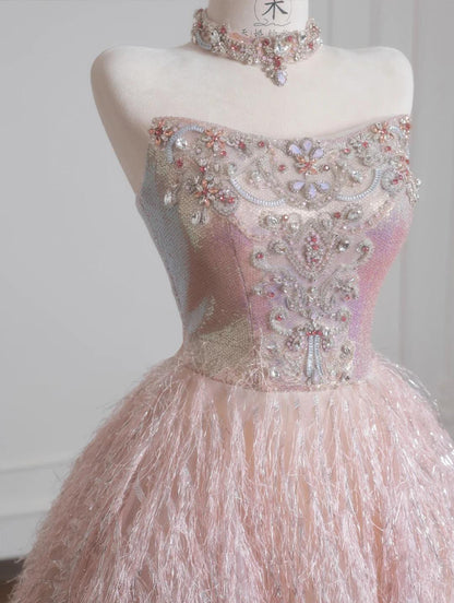 Pink Strapless Beaded Tulle Wedding Dress, A-Line Long Prom Dresses HZ1024