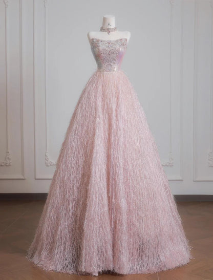 Pink Strapless Beaded Tulle Wedding Dress, A-Line Long Prom Dresses HZ1024
