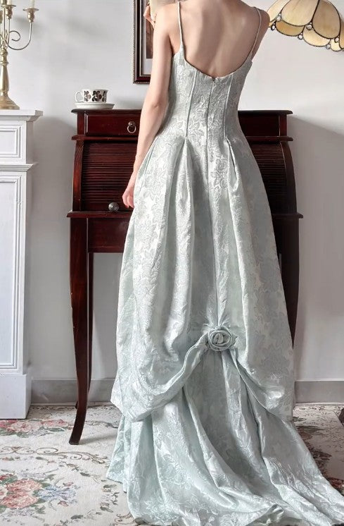 Vintage Spaghetti Straps Jacquard Satin A-Line Long Prom Dresses Sweet Backless Evening Gowns ED02203