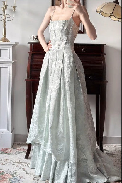 Vintage Spaghetti Straps Jacquard Satin A-Line Long Prom Dresses Sweet Backless Evening Gowns ED02203