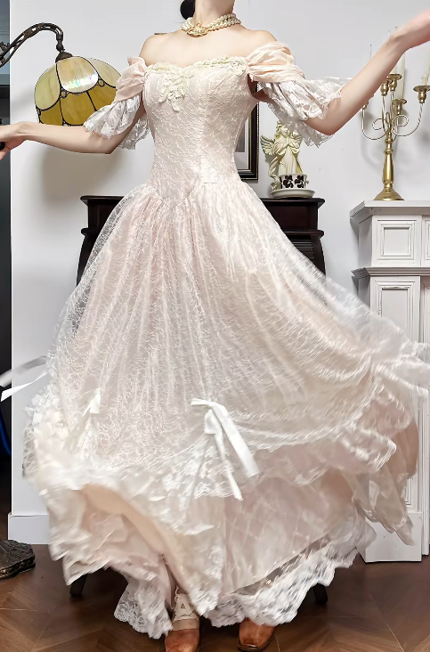 Light Champagne Off-the-shoulder A-Line Princess Prom Dresses Chiffon Lace Vintage Wedding Dress HZ1024
