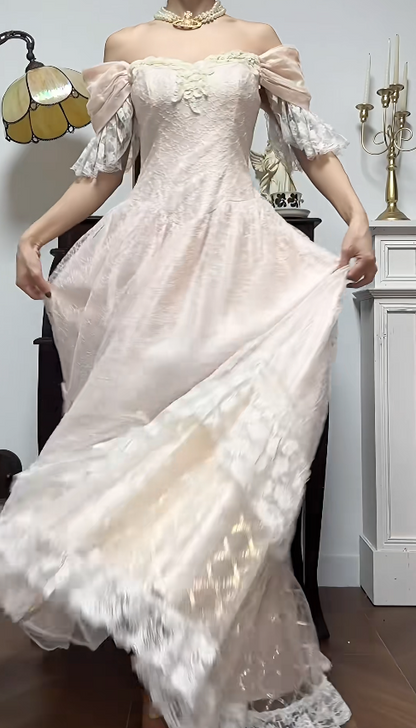 Light Champagne Off-the-shoulder A-Line Princess Prom Dresses Chiffon Lace Vintage Wedding Dress HZ1024