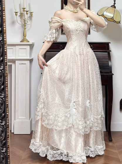 Light Champagne Off-the-shoulder A-Line Princess Prom Dresses Chiffon Lace Vintage Wedding Dress HZ1024