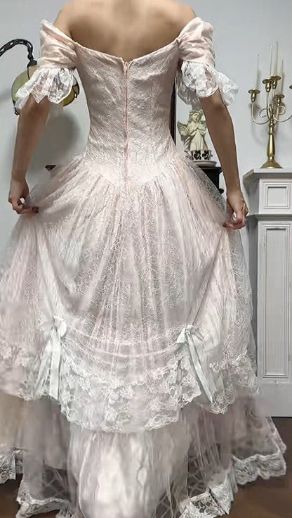 Sweet Light Champagne Off-the-shoulder A-Line Princess Prom Dresses Chiffon Lace Vintage Wedding Dress ED02208