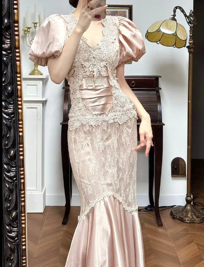 Fairytale Satin Lace Mermaid V-neck Prom Dresses, Beautiful Vintage Evening Gowns ED02211
