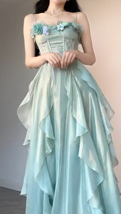 Blue Fairytale Birthday Party Dress Spaghetti Straps Chiffon A-Line Princess Prom Dresses HZ1024
