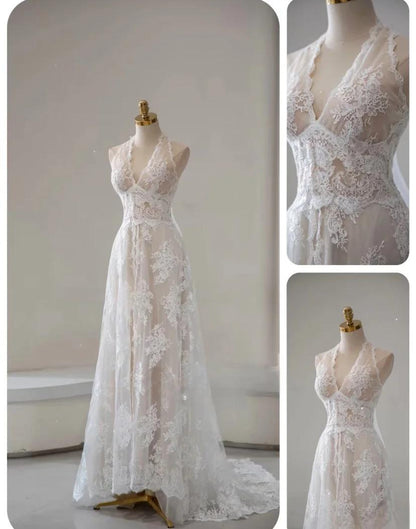 White Lace Applique Beaded A-line Vintage Wedding Dress HZ1024