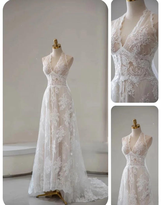 White Lace Applique Beaded A-line Vintage Wedding Dress HZ1024