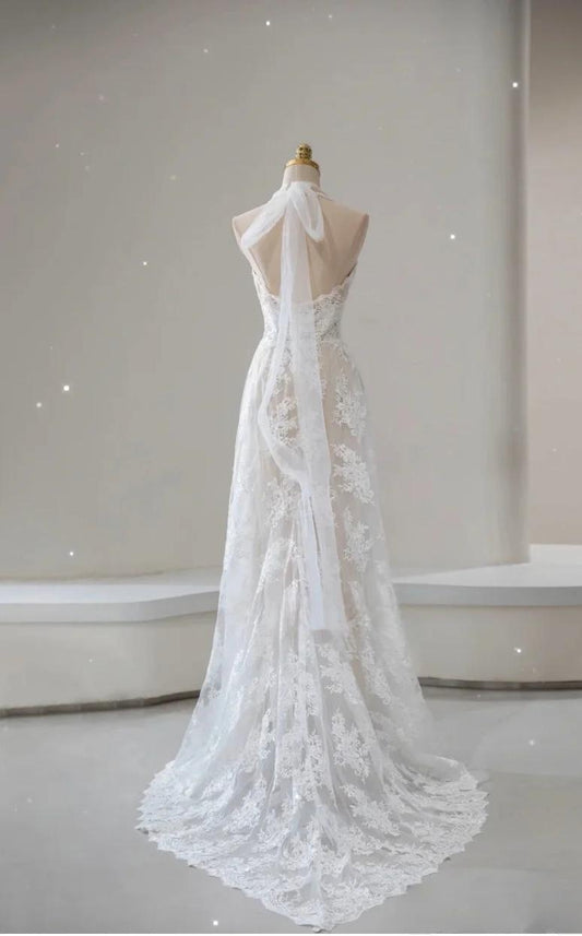 White Lace Applique Beaded A-line Vintage Wedding Dress HZ1024